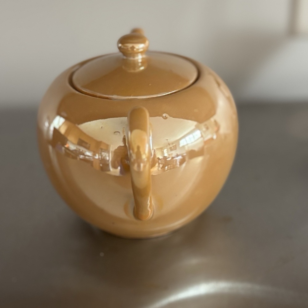 Vintage Orange Yellow Gold Luster ware Iridescent Teapot And Sugar Made In Japan - Picture 15 of 16